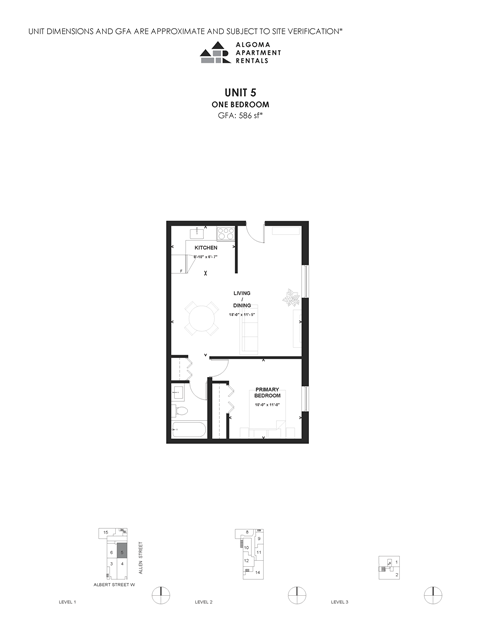 Floor plan for 1 bed, 1 bath, 586 sqft